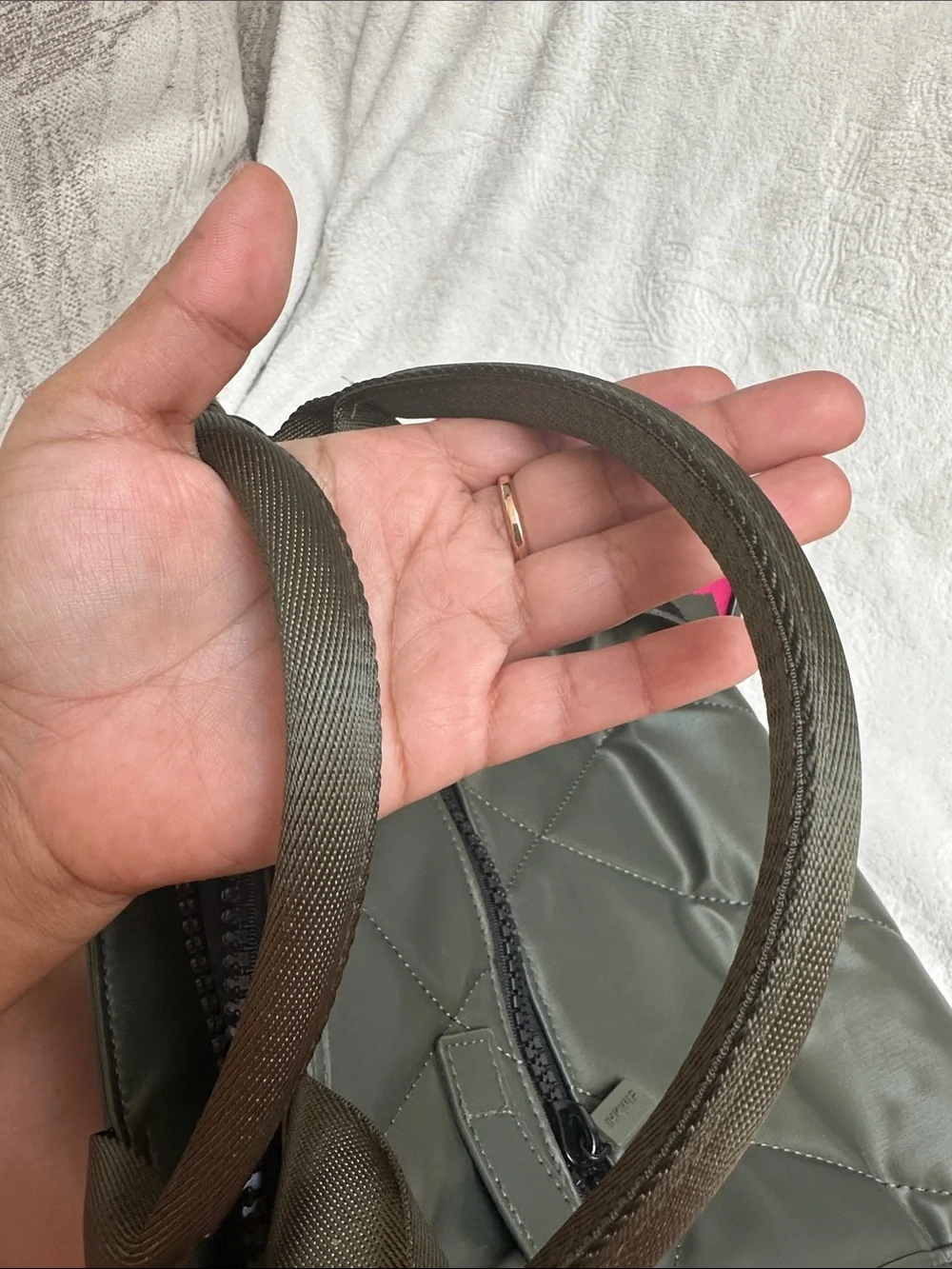 Olive Green Quilted Shoulder Bag with Pink Accent Strap